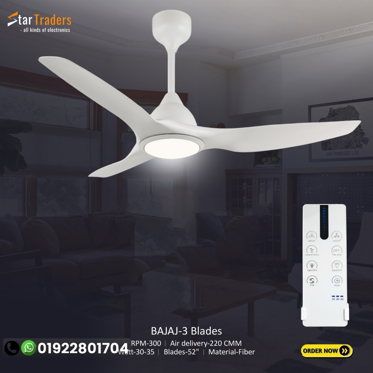 BAJAJ Adonis 3 Blades 52″ Ceiling Fan - White (BJ-101)