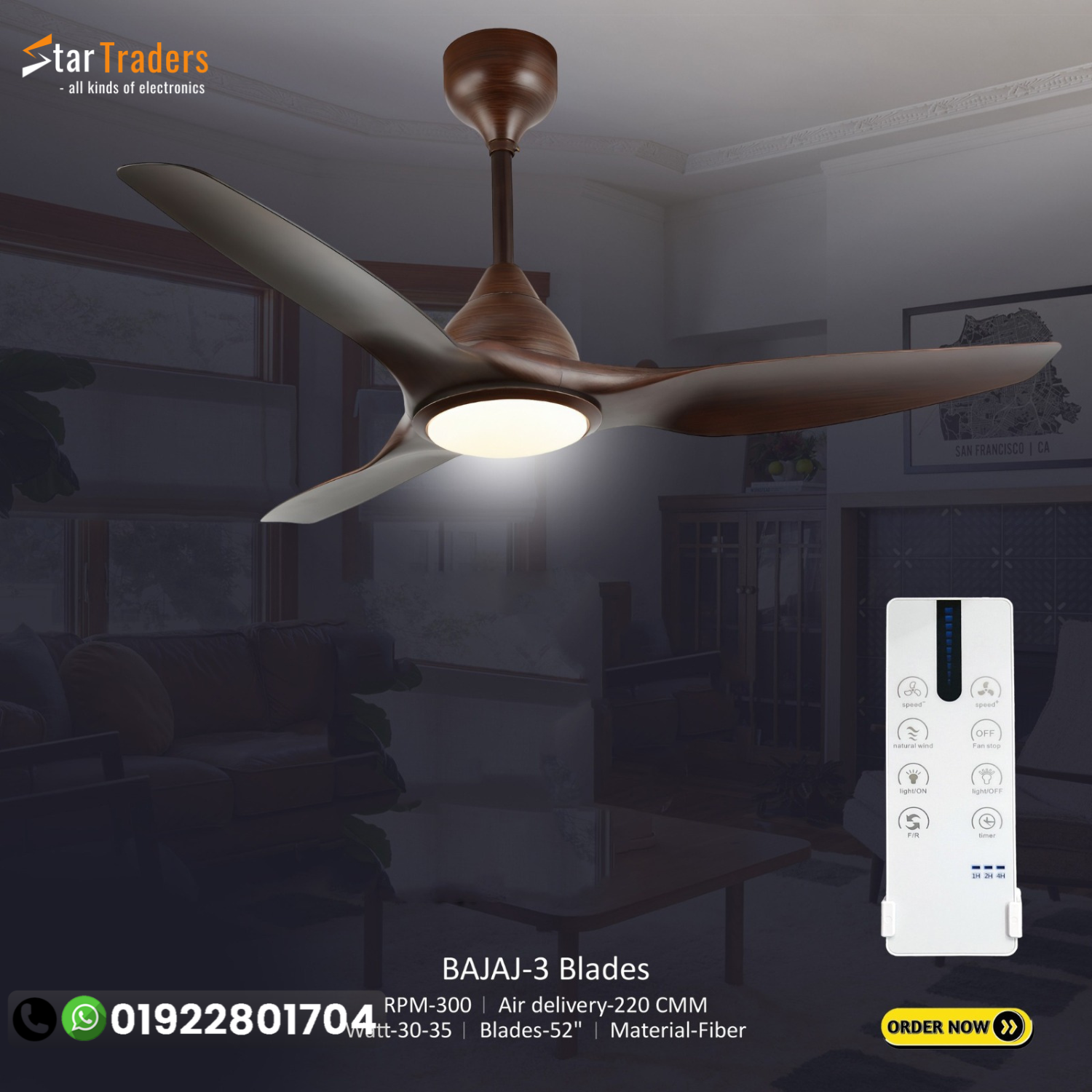 BAJAJ Adonis 3 Blades 52″ Ceiling Fan - Dark Wood (BJ-103)