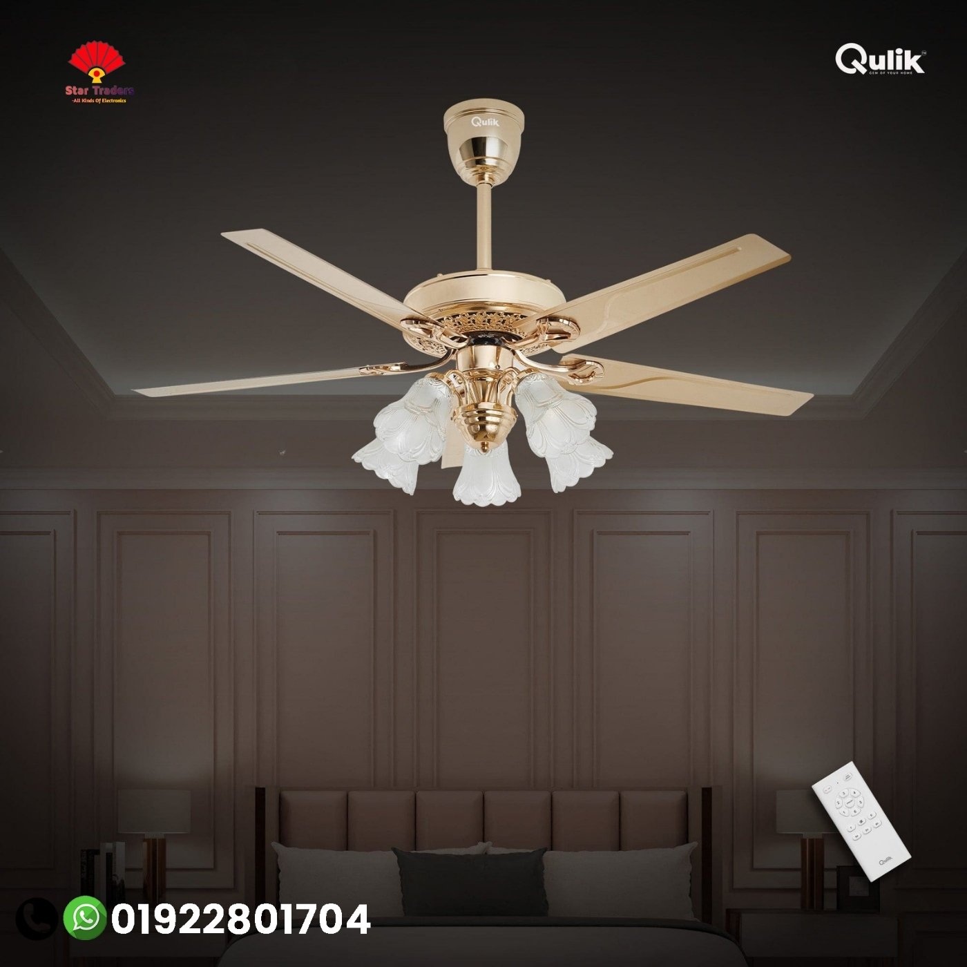 Qulik Luxoria UL 52" -Glass Flower Lampshade Copper Motor Remote Control Under-light Ceiling Fan